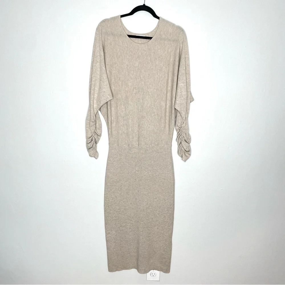 Reiss Leila Neutral Wool Blend Ruched Sleeve Dolman Midi Sweater Dress Size L - Picture 5 of 10